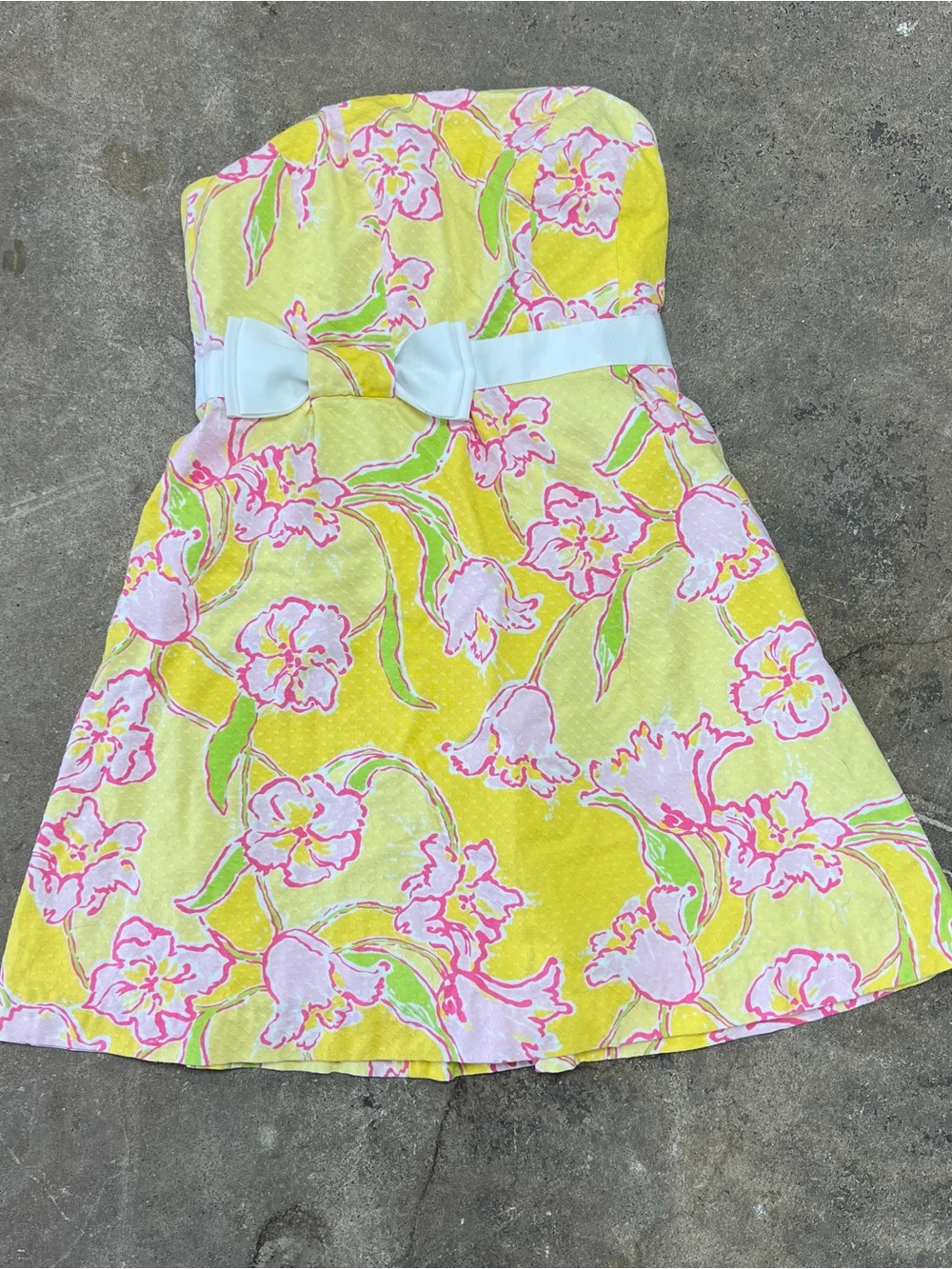 Lilly Pulitzer Vintage Yellow Floral Strapless Dress with White Bow preppy